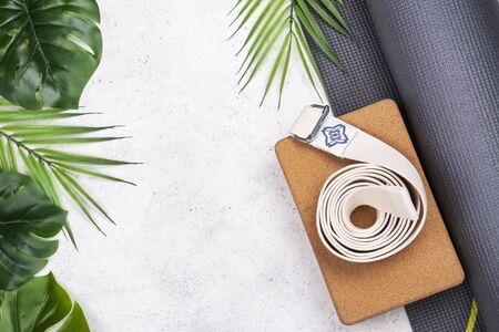 Yoga set accessories on pink backgroundの写真素材