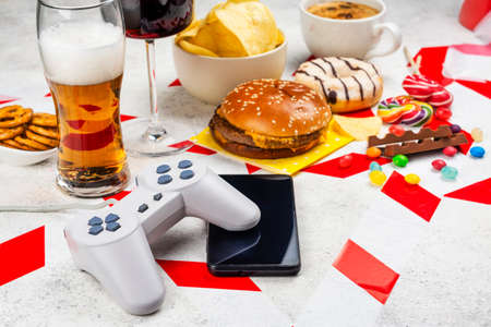 Dopamine fasting background. Life without social media, gadget and food detox concept. Red and white...