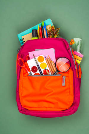 Back pack with school utensilsの写真素材