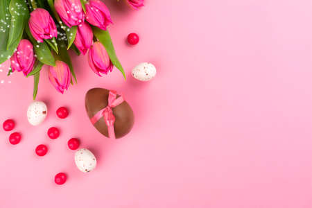 Easter background with flowers, eggsの写真素材