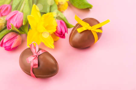 Easter background with flowers, eggsの写真素材