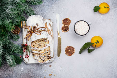 Christmas Stollen on wooden boardの写真素材