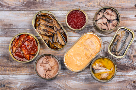 Fish, seafood preserves in cansの写真素材