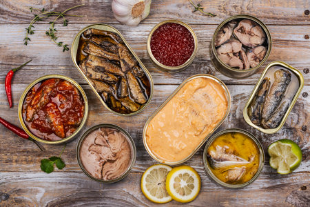 Fish, seafood preserves in cansの写真素材