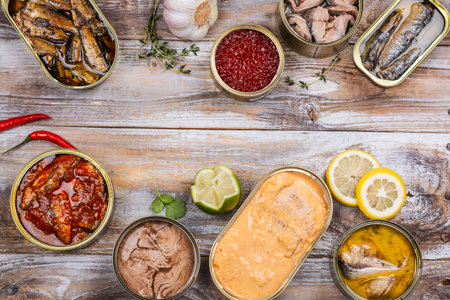 Fish, seafood preserves in cansの写真素材