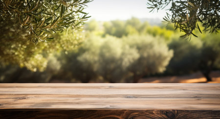 Wooden table for product display and olive trees blurred background. Copy spaceの素材