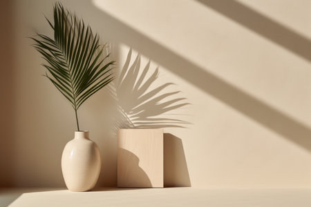 Beige background for product display or montage with shadow of tropical palm leaf. Shadows from the window. Wooden podium, stage pedestal platform for cosmetics. Empty space. Mockupの素材
