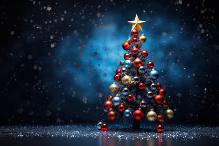 Christmas greeting card with xmas tree decorated with colorful baubles over night background. Copy spaceの素材