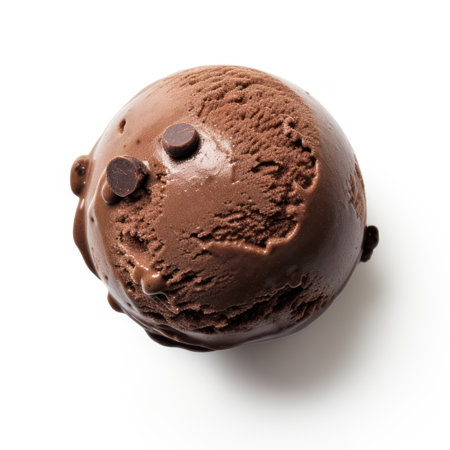 Chocolate ice cream scoop ball on white background. Top viewの素材
