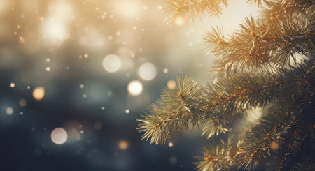 Christmas greeting card with evergreen fir tree branches, bokeh background. Copy spaceの素材