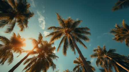 Palm trees view from below at blue sky, vintage retro style, summer holiday backgroundの素材