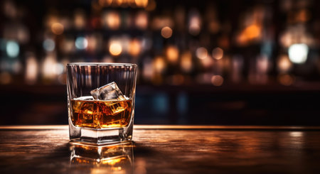 Glass of whiskey with ice cubes on wooden bar counter. Blurred bar background. Copy spaceの素材