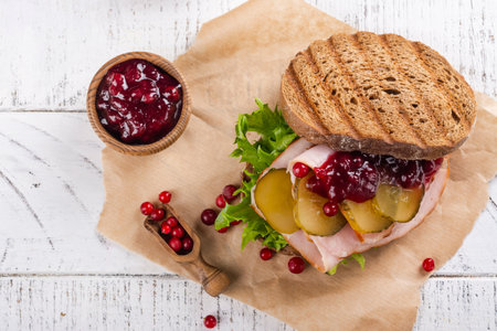 Homemade leftover thanksgiving day sandwich with turkeyの写真素材