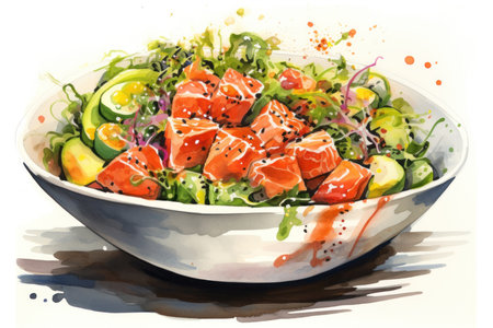 Poke bowl with seafood and vegetables, watercolor hand drawn style illustration. International Poke Day on 28th Septemberの素材