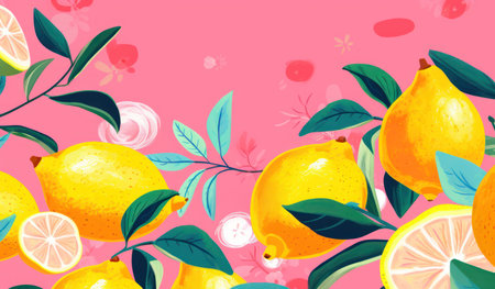 Colorful lemons with flowers and leaves poster background. Flat lay styleの素材