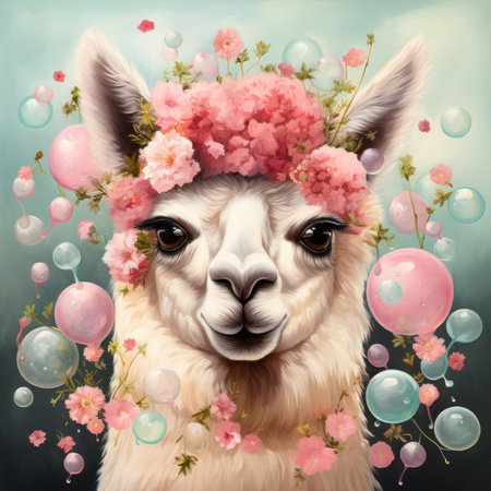 Cute lama or alpaca with flower wreath, hand drawn watercolor style illustrationの素材