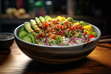 Poke bowl with seafood and vegetables, back light. International Poke Day on 28th Septemberの素材