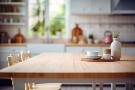 Table with free space for displaying your product and blurred kitchen background. Copy space for your compositionの素材