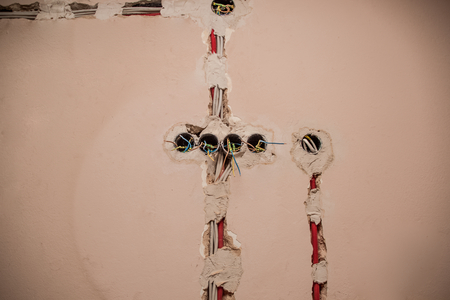 Flat renovation, strings of interior installations, electrician conducted by wire to a specific socketの写真素材