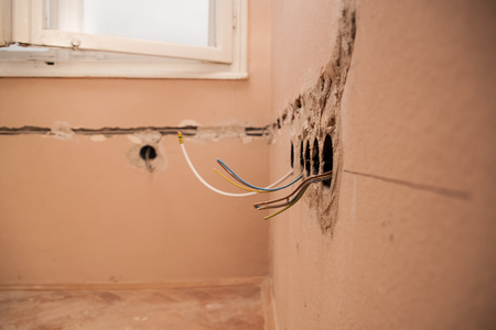 Flat renovation, strings of interior installations, electrician conducted by wire to a specific socketの写真素材