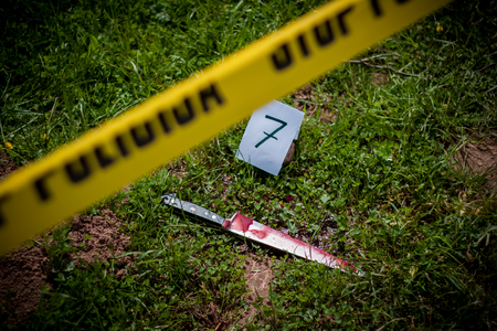 The crime scene, murder, investigation, bloody knife on the grass, in the course of an investigationの写真素材