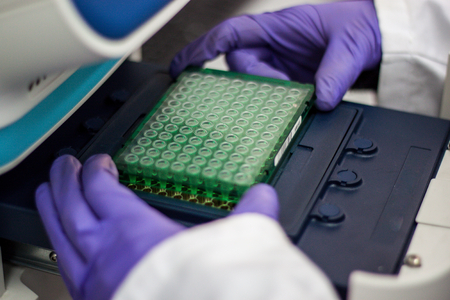 Scientist or researcher or PHD student take DNA samples from flask for analysis in a biotechnology laboratoryの写真素材