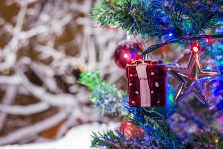 Christmas decorations on a branch of fir, night idyll, with snow and lamps in various colorsの写真素材