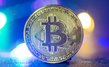 Bitcoin in spotlight of rising markets and substitute for gold as digital cryptocurrency and investment in future business market.の写真素材