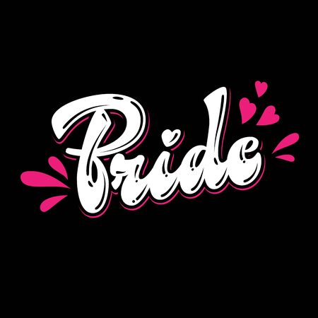 Modern lettering vector logo - Bride. Hand drawn hearts and splashes decored design for dark backgrounds. White and pink colors. Street art, graffiti style word. Bachelorette, hen-party design element.のイラスト素材