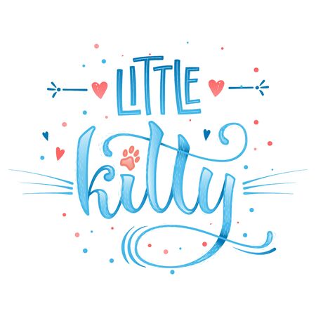 Little kitty quote. Blue color baby shower hand drawn calligraphy style lettering phrase. Boho elements, whiskers decor. Boy, girl card, poster, print, stiker, shirt design.のイラスト素材