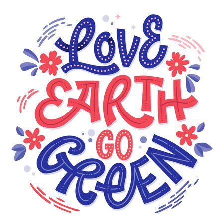 Green eco lettering in beautiful style - Love Earth, go green. Modern card design. Beautiful vector illustration. Graphic element collection.のイラスト素材
