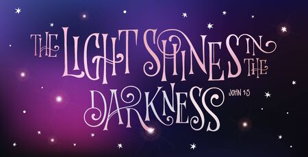 Social media banner - The Light shines in the darkness - Hand drawn bible quote lettering design. Psalm biblical motivational phrase. Space theme colors.のイラスト素材