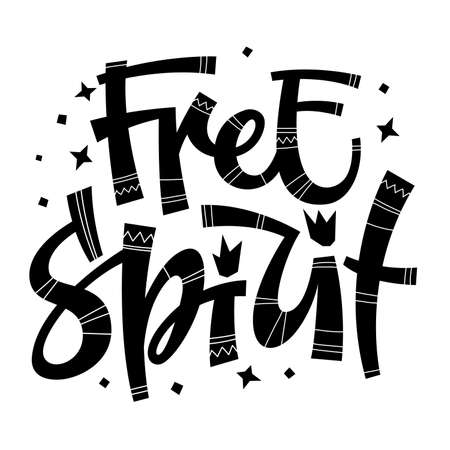Free spirit - hand drawn modern script lettering with ethnic patterns. Sparks and stars decor. Black and white design for prints, tshirts, web, animation.のイラスト素材