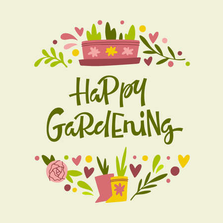 Vector illustration of Happy Gardening text in round shaped frame from green plants and pink flowers on white backgroundのイラスト素材
