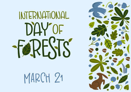 Vector illustration of postcard for International Forests Day March 21 on light blue background with...
