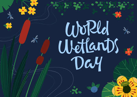 Vector design of creative banner with text World Wetlands Day and cattails and water lily flowers on blue backgroundのイラスト素材