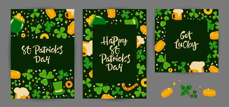 Collection of vector postcards with inscriptions for Saint Patricks Day decorated with green leaves and coins andのイラスト素材