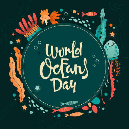 Vector illustration of poster with inscription World Oceans Day in circle frame and assorted marine animals on black backgroundのイラスト素材