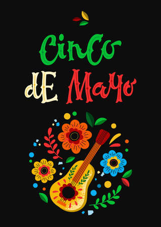 Vector illustration of postcard with phrase Cinco de Mayo and Mexican guitar and flowers for holiday celebration on black backgroundのイラスト素材