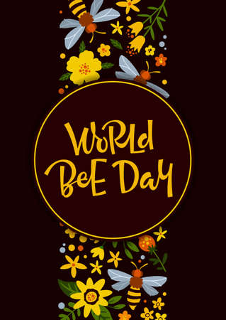 Circle with World Bee Day inscription drawn on ornament of insects and flowers on black backgroundのイラスト素材