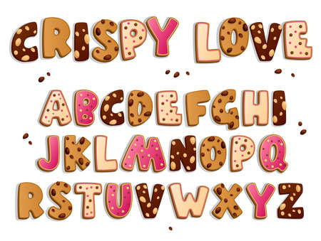 Random cookie alphabet. Set of lettering cookies style design. Dark and white chololate chips and drops, nuts, sugar glass, pearls decorations sweets. vectorset. sweet food.のイラスト素材
