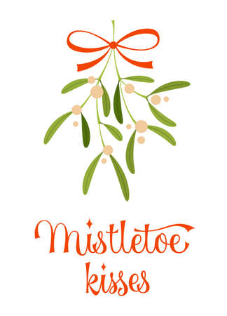 Mistletoe kisses - vintage festive script lettering for Christmas designs. Vector typography illustration with mistletoe branch and red ribbon. Isolated design on white backgroundのイラスト素材
