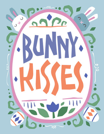 Cute colorful lettering card and poster design: Bunny kisses. Easter and spring holiday typography illustration. Decorative egg with a frame of bunnies and Easter eggs in the grass. For print, fashion, web purposesのイラスト素材