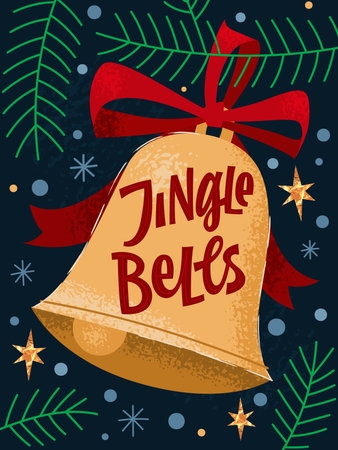 Trendy creative Christmas hand lettering illustration, Jingle Bells. Colorful vector typography design with gold bell, ribbons, pines and gold stars. Christmas and New Year events purposes. print, webのイラスト素材