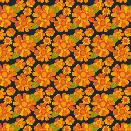 Orange, yellow daisy, chamomile flowers on dark background. Boho style colorful floral seamless pattern in 70s, hippie, and groovy aesthetics. Colorful retro design for print, fashion purposesのイラスト素材