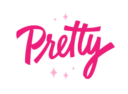 Trendy pink doll themed lettering word - Pretty. Isolated hand drawn typography illustration in modern script calligraphy style. Women support themed design element for fashion, web, printのイラスト素材