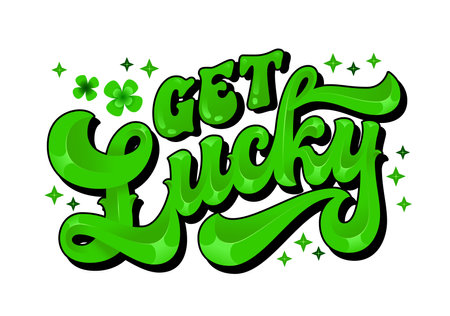 Get lucky, 70s groovy script lettering quote. Isolated typography design element with sparkles and shamrocks. Casino, luck, St. Patricks day vector inscription for prints, tshirt, banners, stickersのイラスト素材