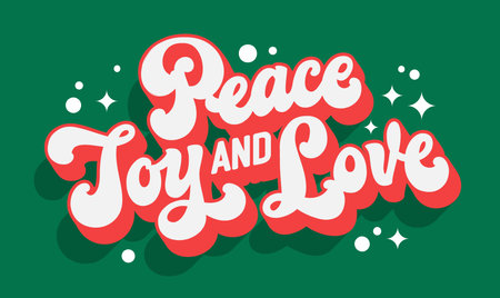 Peace, Joy and Love, festive modern script lettering template for Christmas occasions. Red and green colored, isolated vector typography design element. Phrase for any Winter Holidays purposesのイラスト素材