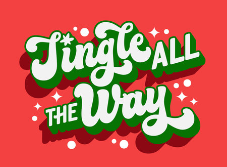Jingle all the way, modern 3d long shadow script typography for Christmas events. Isolated, vibrant vector lettering design element. Winter Holidays themed phrase with sparkles, versatile for any useのイラスト素材