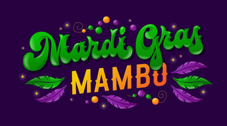 Mardi Gras Mambo design featuring golden text and green script lettering. Decorated with purple and green feathers. Accented with beads and sparkles, this festive design is ideal for holiday eventsのイラスト素材